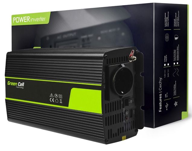 Automašīnas sprieguma pārveidotājs 12Vdc/230Vac 1000W(2000W) ar sinusoidālu izejas spriegumu, USB 5V 2.1A; Green Cell INV09 5902719427886