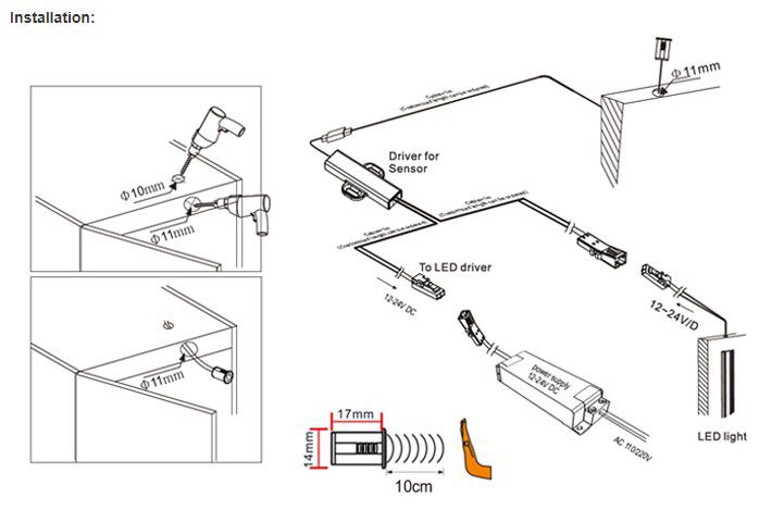 LED Slēdzis 12-24Vdc, 4A, ar IR sensoru, mēbelēm, iegremdējams Ø14mm, ar rokas vadību IR008-H