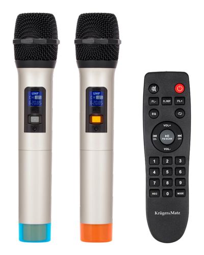Pārnēsājama neatkarīga PA sistēma 15" 60 W ar 2 bezvadu UHF rokas mikrofoniem un FM radio KM1715 5901890037334