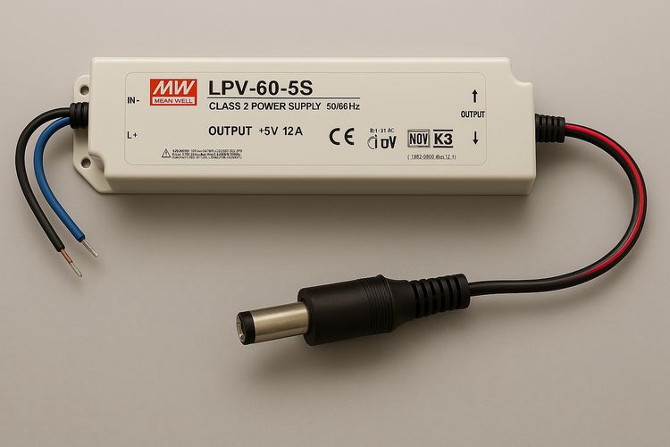 Pārslēdzamais barošanas avots LPV-60-5 LED 5V 12A, ar DC 5,5x2,1 savienotāju, MEAN WELL LPV-60-5S