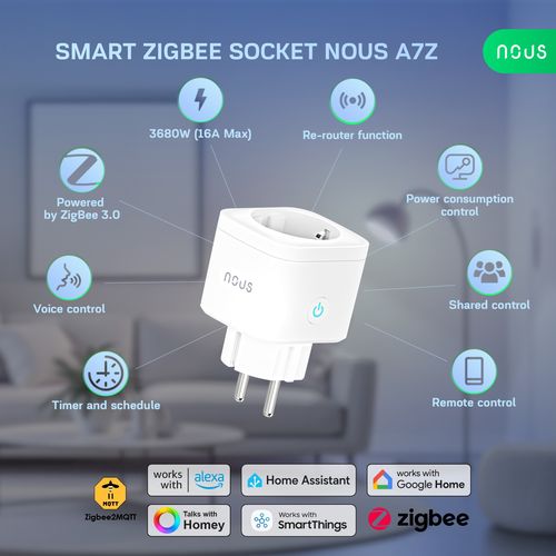 Viedā ZigBee rozete NOUS A7Z, 16A ar enerģijas skaitītāju, TUYA MQTT NOUS-A7Z 5905072800891
