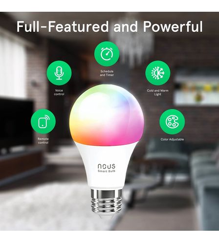 Spuldze LED E27, 230V, 9W, 810lm, 2700K - 6500K, RGB, SMART Wi-Fi, vadāms caur aplikāciju, TUYA / Smart Life, P3, NOUS NOUS-P3 5907772033142