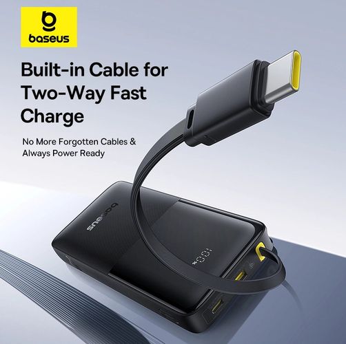 LiPo Powerbank 10000mAh 20W USB + USB-C ar integrētu USB-C kabeli Bipow2 melns BASEUS P10077101113-00 6932172670887