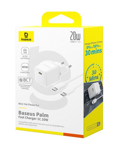Sienas ātrais lādētājs Palm 20W USB-C QC3.0 PD3.0 ar USB-C kabeli 1 m, balts P10111602213-01 6932172677428