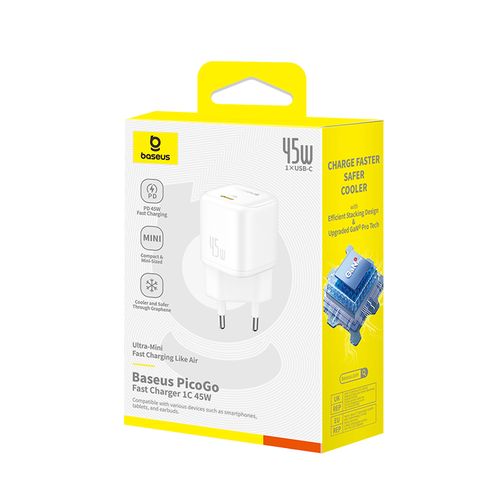 Sienas ātrais lādētājs PicoGo GaN 45W USB-C QC PD, balts P10176800213-00 6932172678388