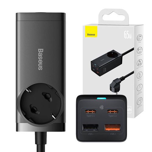 Baseus GaN3 Pro Desktop Powerstrip AC+2U+2C 65W EU Black(iekļauts：Baseus Xiaobai sērijas ātrās uzlādes kabelis no C tipa līdz C tipa 100W(20V/5A) 1m m PSZM000901 6932172610241
