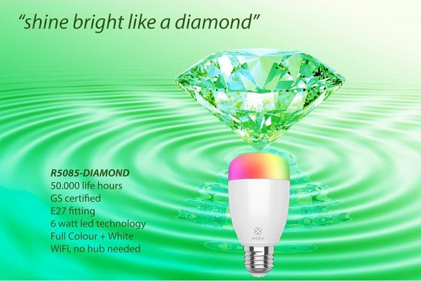 LED spuldze E27, 230V, 6W, 500lm, 2700K - 6500K, CCT, RGB, viedais Wi-Fi, vadāma ar lietotni, TUYA, WOOX R5085-DIAMOND 8435350741785