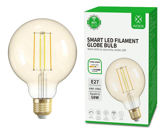 LED kvēlspuldze E27, 230V, 4,9W, 470lm, 2700K - 6500K, CCT, G95, Wi-Fi, vadāma ar lietotni, TUYA / Smart Life, WOOX R5139 8435606714952
