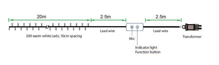 Viedā ziemassvētku LED apgaismojuma virtene, 230Vac, 20m, 200 x LED, silti balta, Wi-Fi, Bluetooth, WOOX R5151 8435606715072