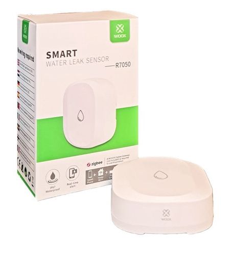Smart ZigBee iekštelpu bezvadu ūdens noplūdes sensors, CR2032, IP67, balts, WOOX R7050 8435606701280