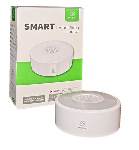 Smart ZigBee iekštelpu bezvadu sirēna, ≥85dB, 5V DC, ar uzlādējamu akumulatoru, balta, WOOX R7051 8435606701105