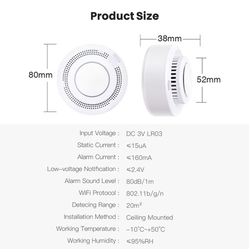 Dūmu sensors Wi-Fi, TUYA, ar sirēnu 85 dB, balts, 2x AAA SD01 6976037361190; 6976037363125
