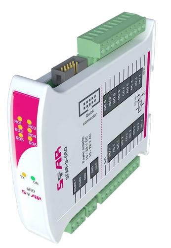 Industrial I/O module with Modbus RTU/ASCII communication, 6 RO (NC/NO, max. 10 A @ 24 V DC, 5 A @ 250 V AC), Power supply 10-38 V DC; 10-28 V AC SFAR-S-6RO