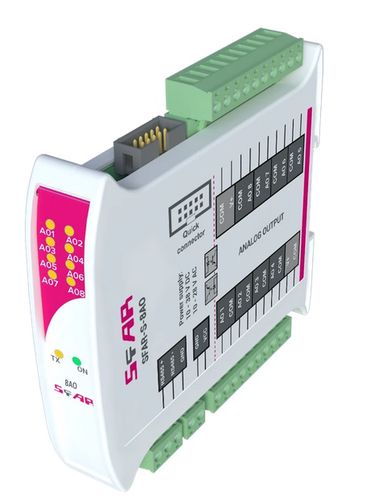 Industrial I/O module with Modbus RTU/ASCII communication - 8 Analog Outputs. Power supply 10-38 V DC; 10-28 V AC SFAR-S-8AO