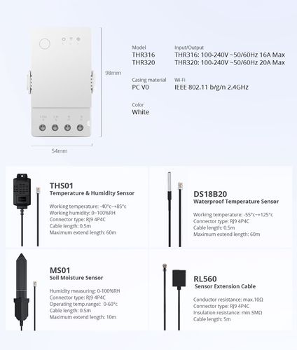 Viedais Wi-Fi temperatūras un mitruma regulators THR316, 16A, DIN, TH Origin, SONOFF SONOFF-THR316 6920075777512
