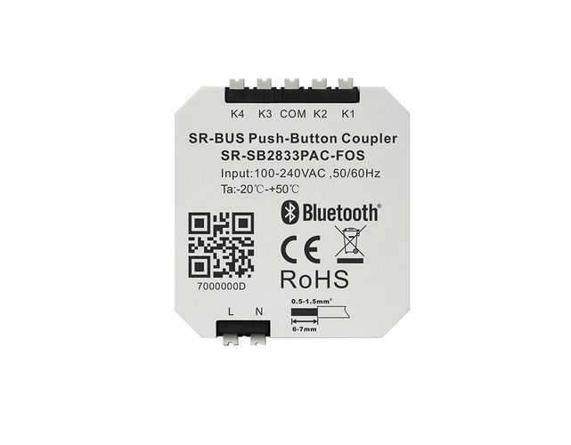 Vienas krāsas PUSH-DIM savienotājs nefiksētam slēdzim, SR-BUS, 230 Vac SR-SB2833PAC-FOS