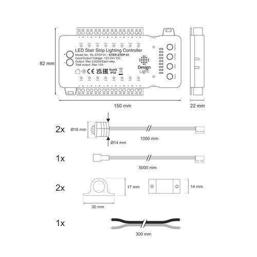 LED kāpņu kontrolieris STEP, 12-24Vdc, 16 kanālu, 10A, ar PIR kustības sensoriem STER-STEP-01 5908293415585