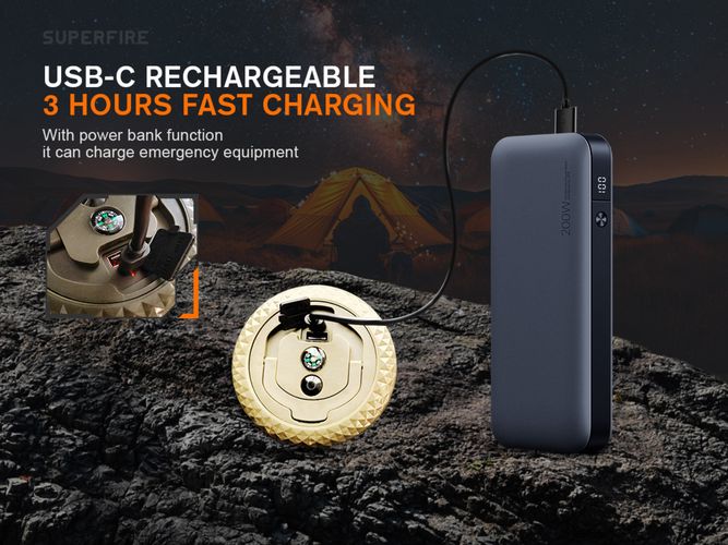 LED kempinga lukturis ar LED virteni, uzlādējams ar USB-C, 1800mAh, 50-250lm SUPERFIRE-LT01