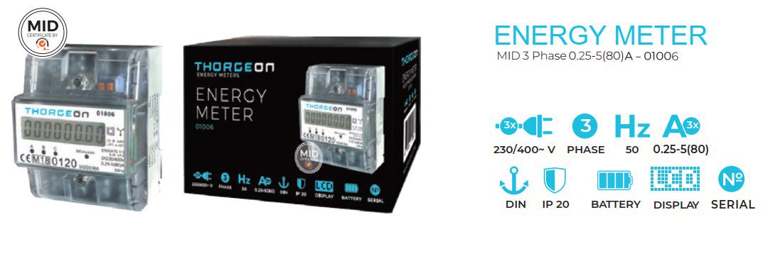 Energy meter, 3-phase, DIN, 80A, with MID certificate, 2-tariff, Thorgeon THORGEON-01006
