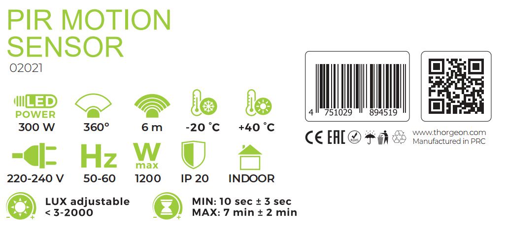 Kustību sensors, PIR 230 Vac, 360°, 6m, 1200W, virspusējs, melns, THORGEON THORGEON-02021 4751029894519