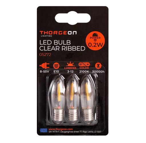 LED spuldze caurspīdīga ar rievām 0.2W E10 8-55V 12Lm 2100K THORGEON THORGEON-05272 4751029899699