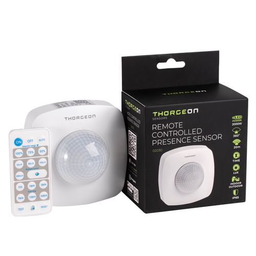 Kustības un klātbūtnes detektors PIR, 230 Vac, 2000 W, 20 m, IP65, ar tālvadības pulti, balts THORGEON-02030 4751029899675