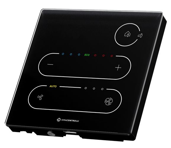 Stikla priekšējais sienas panelis ar skārienjūtīgām pogām, temperatūras un mitruma sensoru. Komunikācija Modbus RTU vai BACnet MS/TP. Barošanas avots TP-H-B