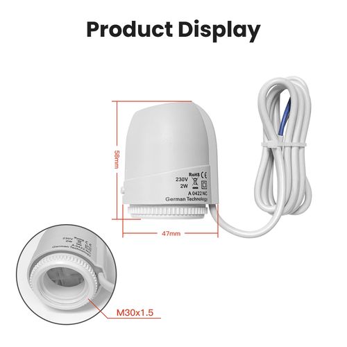 Elektriskais termiskais radiatora devējs, 230 Vac, 2 W, NC normāli slēgts, M30x1,5 TRV05-WIR 6976037361206; 6976037363118