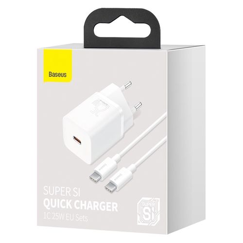 Sienas ātrās uzlādes lādētājs Super Si 25W USB-C QC3.0 PD ar USB-C 1m kabeli, balts TZCCSUP-L02 6953156206038