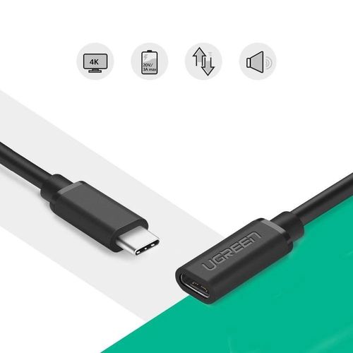 UGREEN USB Type C3.1 spraudnis-ligzda kabelis ar niķelēšanu 0,5m (melns) UGREEN/40574 6957303845743