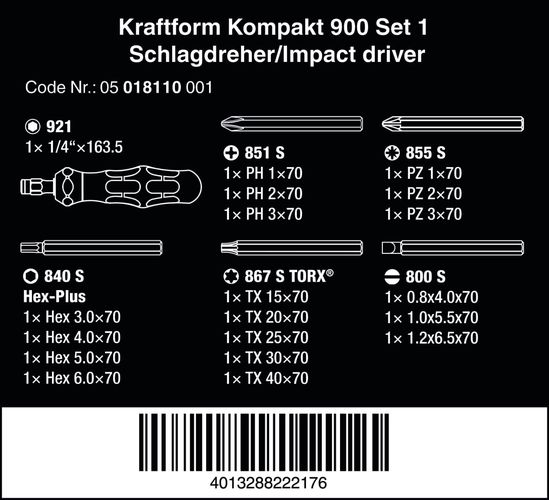 Kraftform Kompakt 900 komplekts 1, 19 gab. 018110 Wera 05018110001 WER/018110