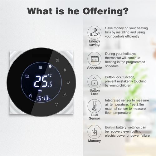 Viedais termostats ūdens apsildes grīdas vārstu kontrolei, Wi-Fi, TUYA / Smart Life WHT-6000-GA-WH-EN 6974246475745