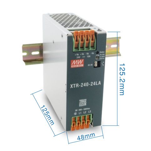 DIN sliedes barošanas avoti 240W 3fāzes 320-600Vac 24V 10A sviras tipa terminālis XTR-240-24LA