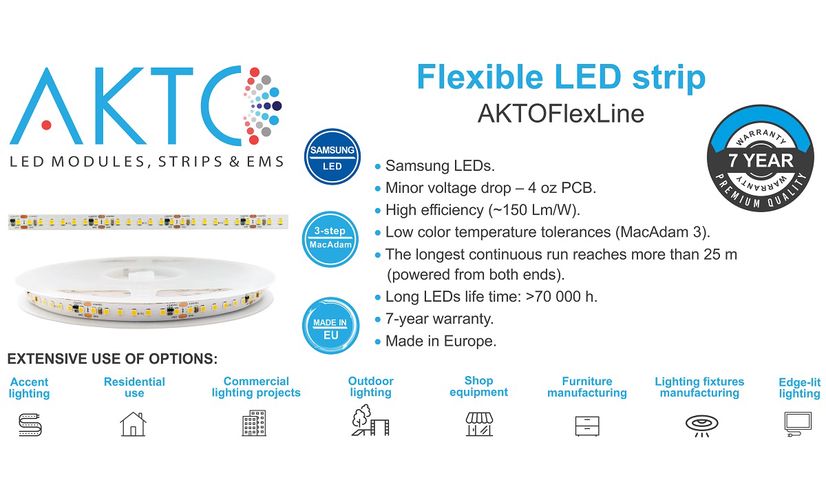 LED lente, 24V 10W/m, IP20, auksti balta, 6500K, 1532lm/m, SAMSUNG SMD, PREMIUM AKTO AFLP-140RA10024M-CW 4772081003831