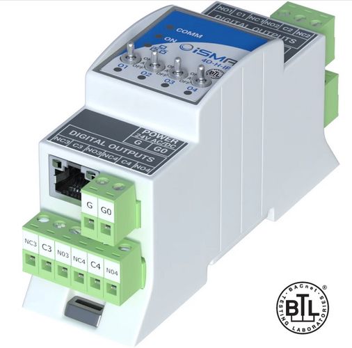 I/O module with Modbus TCP/IP (with built in Modbus Gateway to RS485) or BACnet IP communication 4DO, NO/NC 8A, 230 VAC/30 VDC relay hand operating  iSMA-B-4O-H-IP