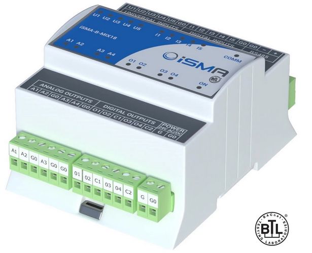 I/O modulis ar Modbus RTU/ASCII vai BACnet MSTP komunikāciju- 12DI, 8UI, 6AO, 12DO iSMA-B-MIX18