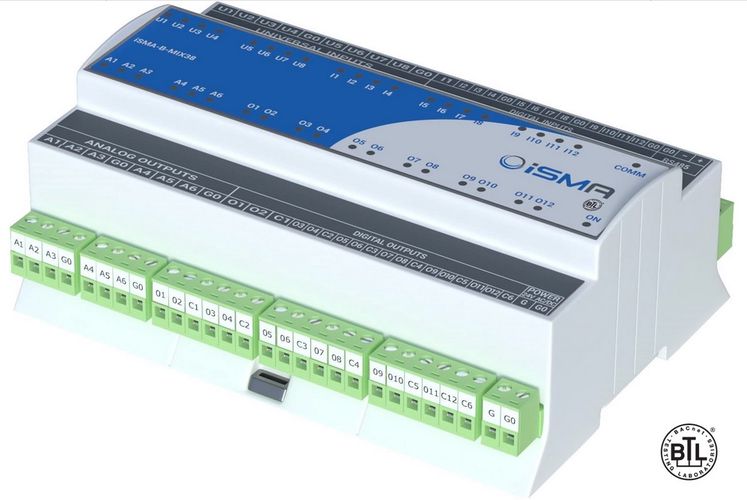 I/O modulis ar Modbus RTU/ASCII vai BACnet MSTP komunikāciju- 12DI, 8UI, 6AO, 12DO iSMA-B-MIX38