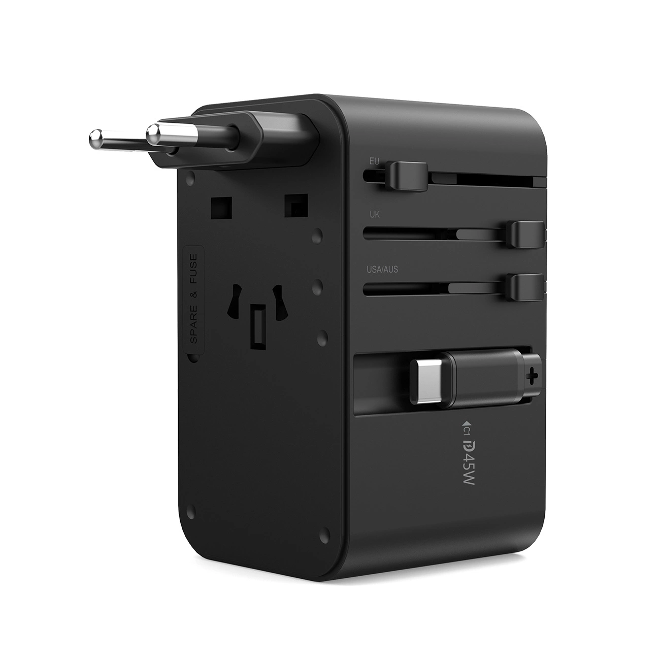 Choetech PD5021 45W EU/US/AUS/UK Travel Adapter with Built-in USB-C Cable - Black, Choetech 6932112106889 6932112106889