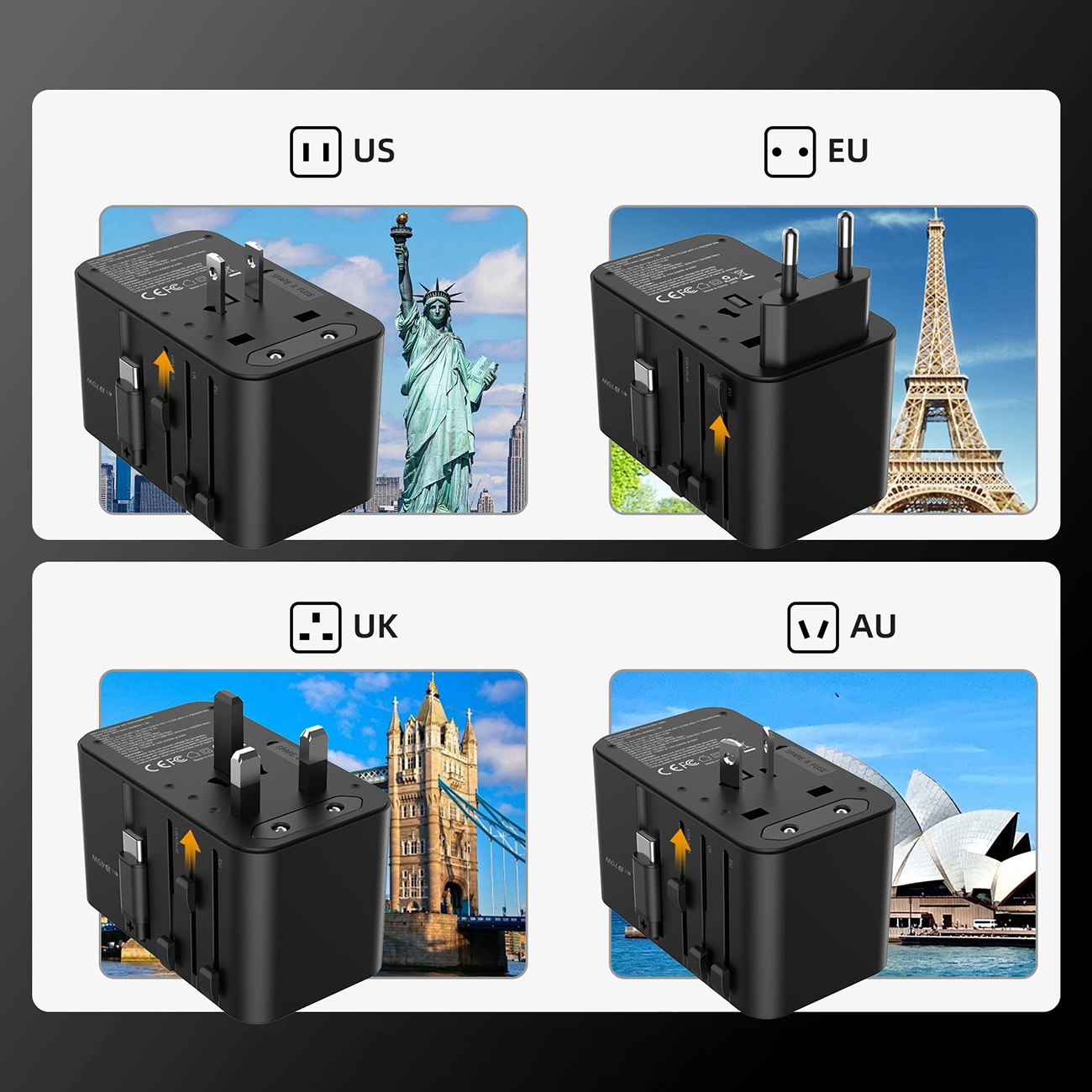 Choetech PD5020 35W EU/US/AUS/UK Travel Adapter with Built-in USB-C Cable - Black, Choetech 6932112106872 6932112106872