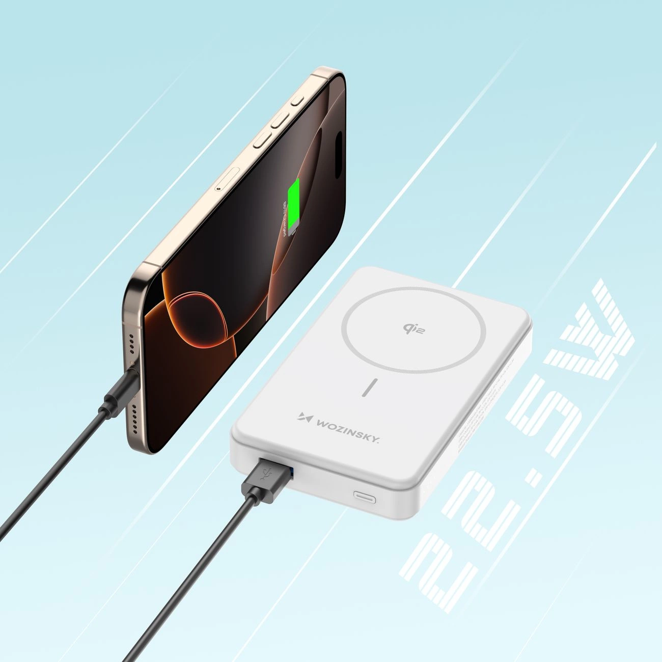 Powerbank Wozinsky WLWP-10KA0Y3WS 22.5W PD Qi2 10000 mAh, with stand, 1x USB-A, 1x USB-C - white, Wozinsky 5907769369322 5907769369322
