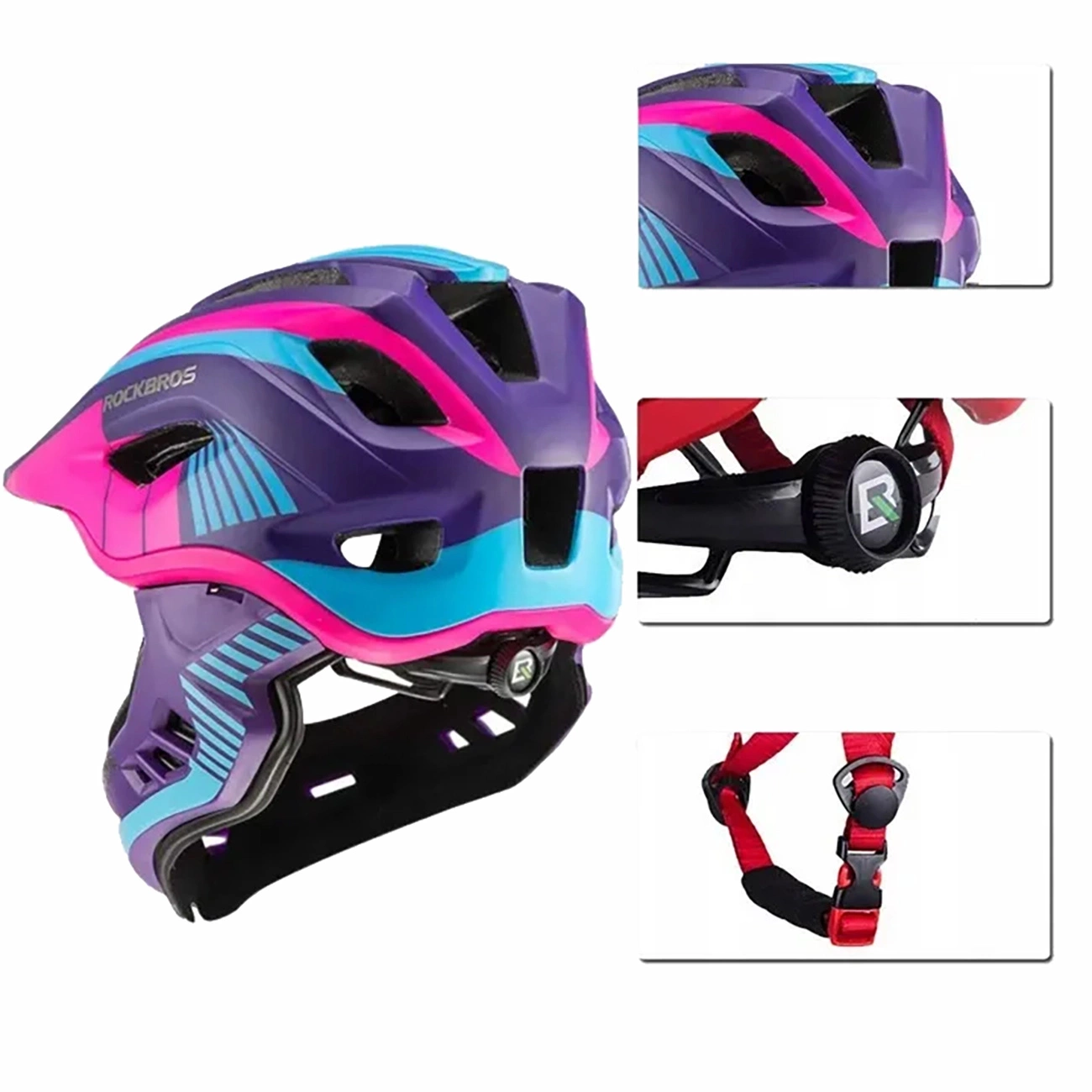 Rockbros TT-32SBPP-S children&#39;s bicycle helmet with detachable chinbar, size S - purple-pink, Rockbros 7793598344030 7793598344030