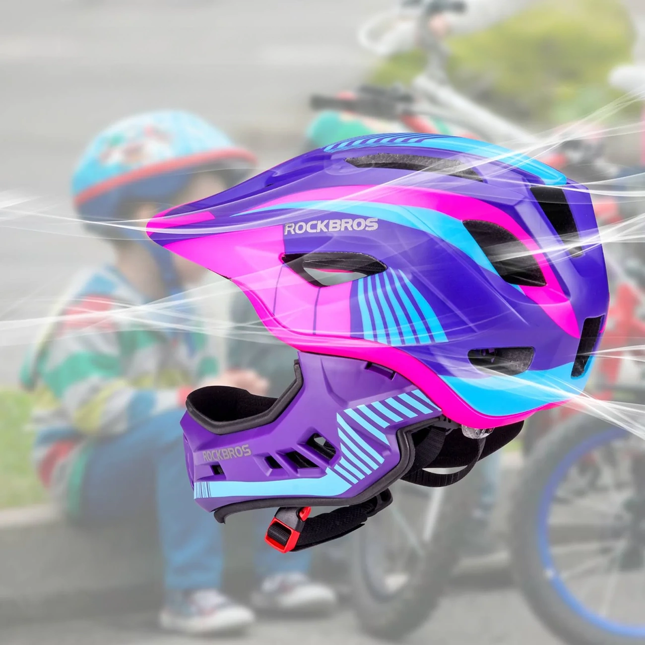 Rockbros TT-32SBPP-S children&#39;s bicycle helmet with detachable chinbar, size S - purple-pink, Rockbros 7793598344030 7793598344030