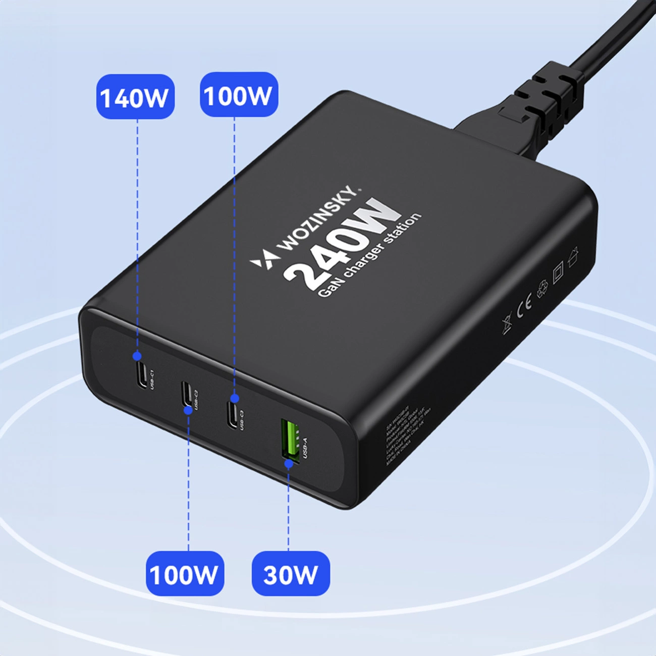GaN Wozinsky WGCSB 240W USB-A / 3 x USB-C Wall Charger - Black, Wozinsky 5907769308680 5907769308680