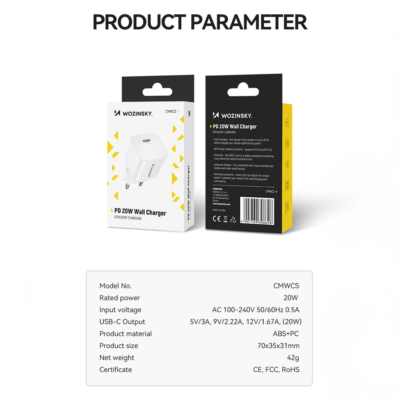Wozinsky CMWCS USB-C PD 20W wall charger - white, Wozinsky 5907769308628 5907769308628