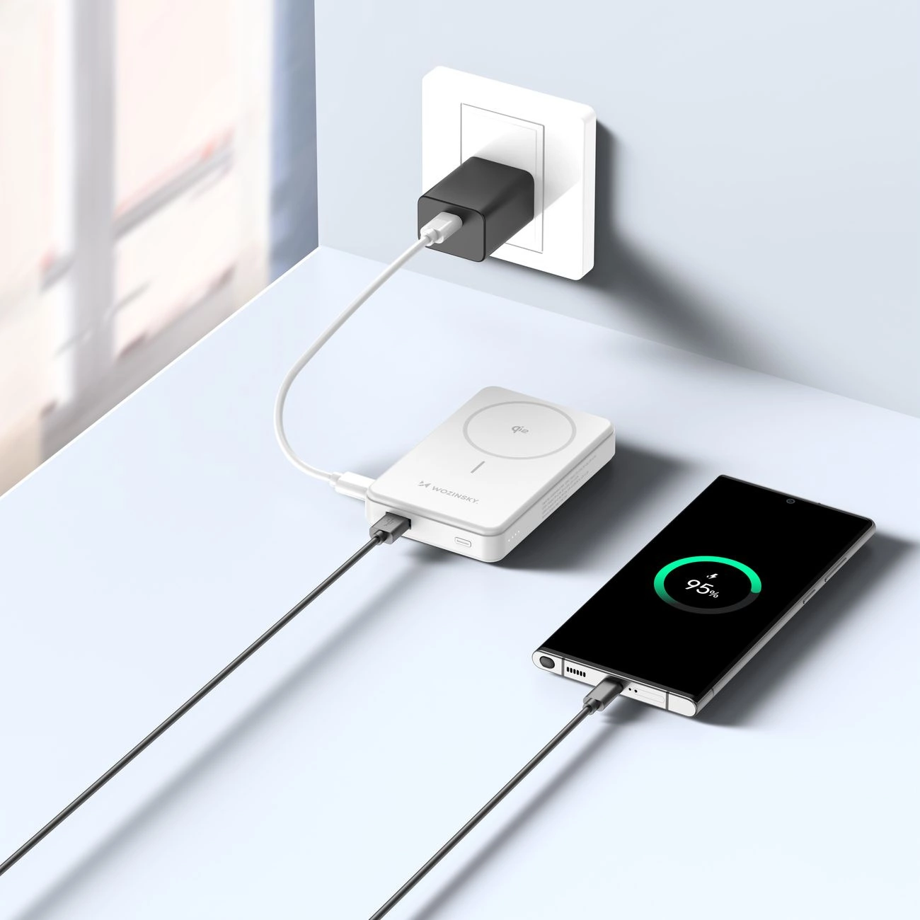 Powerbank Wozinsky WLWP-10KA0Y3WS 22.5W PD Qi2 10000 mAh, with stand, 1x USB-A, 1x USB-C - white, Wozinsky 5907769369322 5907769369322