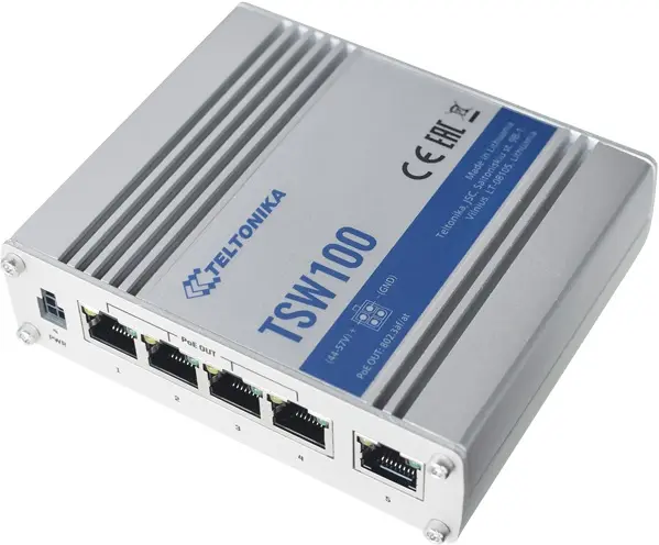 Teltonika TSW100 | PoE Switch | 5x RJ45 1000Mb/s, 4x PoE, 60W, TELTONIKA TELTONIKA TSW100010000 4779027312828