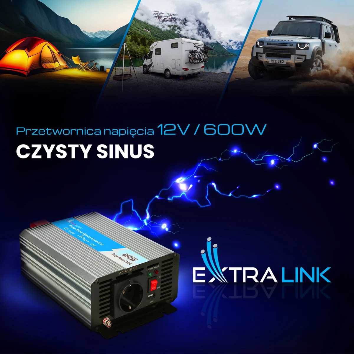 Extralink OPIP-600W | Voltage converter | 12V, 600W pure sine, EXTRALINK EX.18082 5903148918082