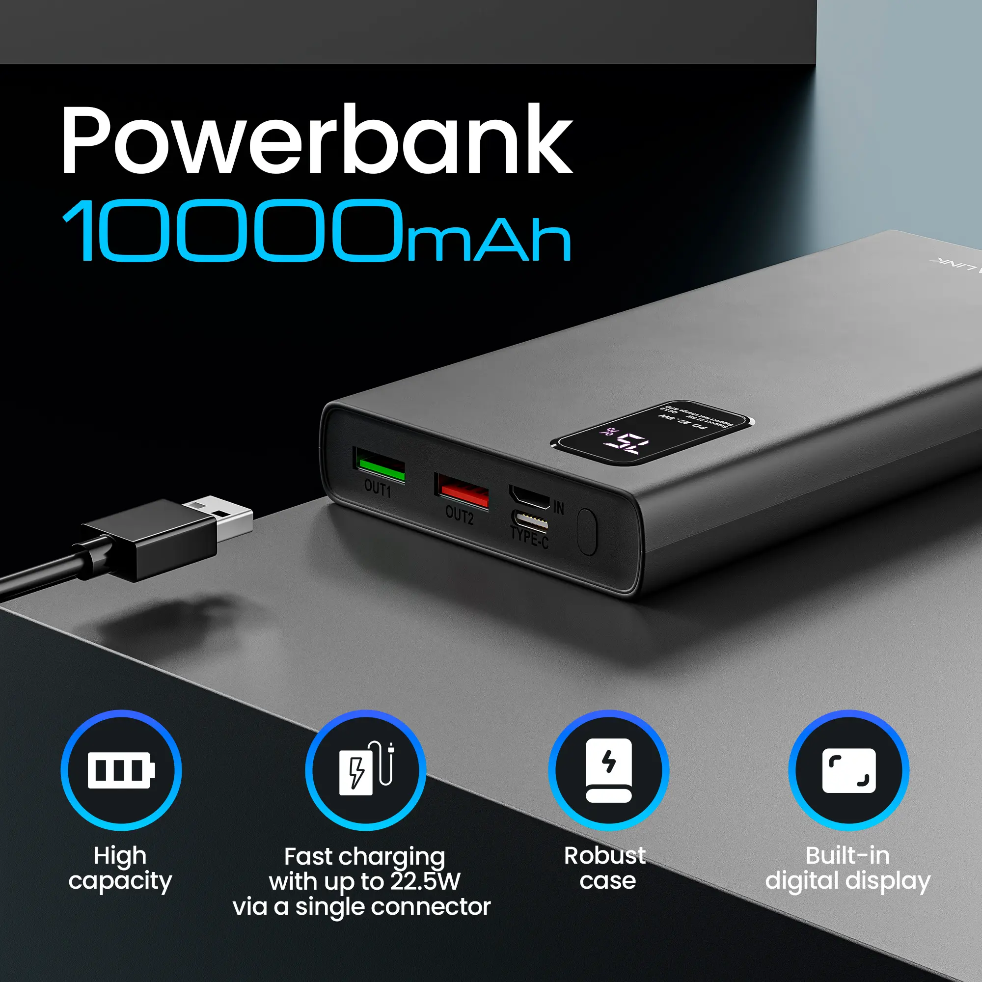 Extralink EPB-067B 10000mAh Black | Powerbank | Power bank, Fast Charging, USB-C, EXTRALINK EX.19485 5903148919485