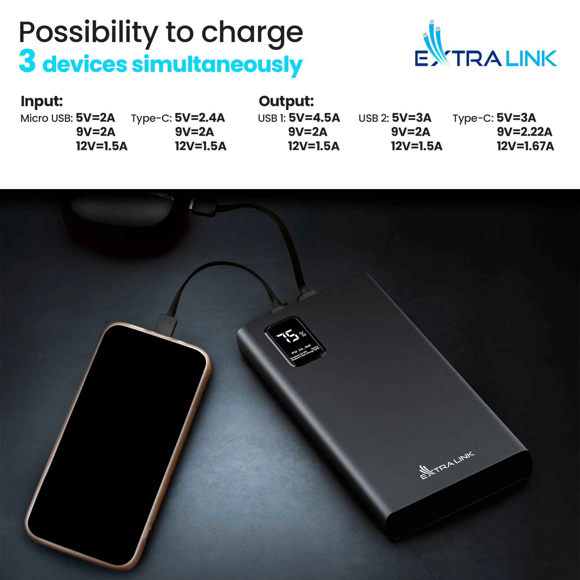 Extralink EPB-067B 10000mAh Black | Powerbank | Power bank, Fast Charging, USB-C, EXTRALINK EX.19485 5903148919485