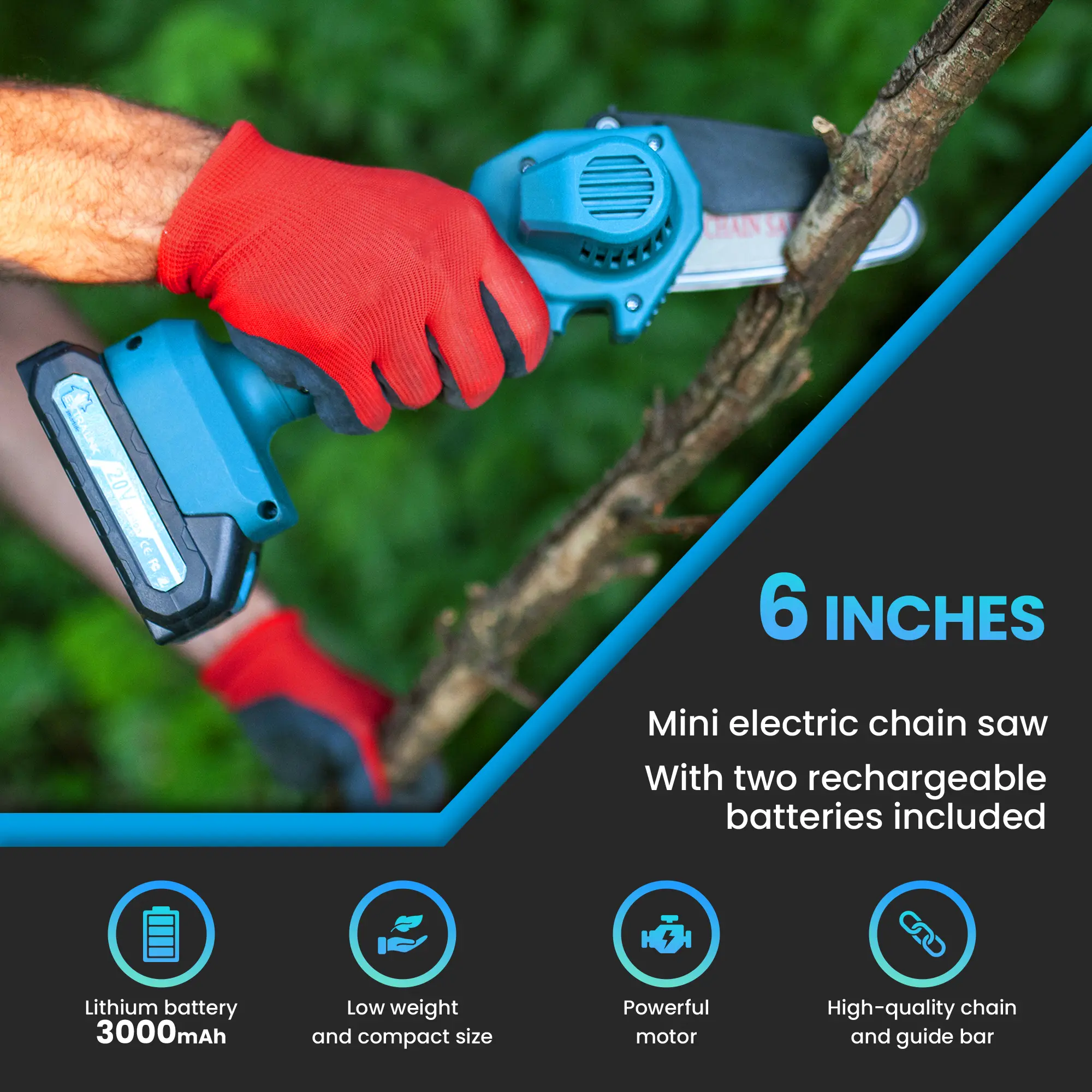 Extralink TM-107 | Mini electric chainsaw | 6 inch, 1.5 Ah battery, EXTRALINK EX.30332